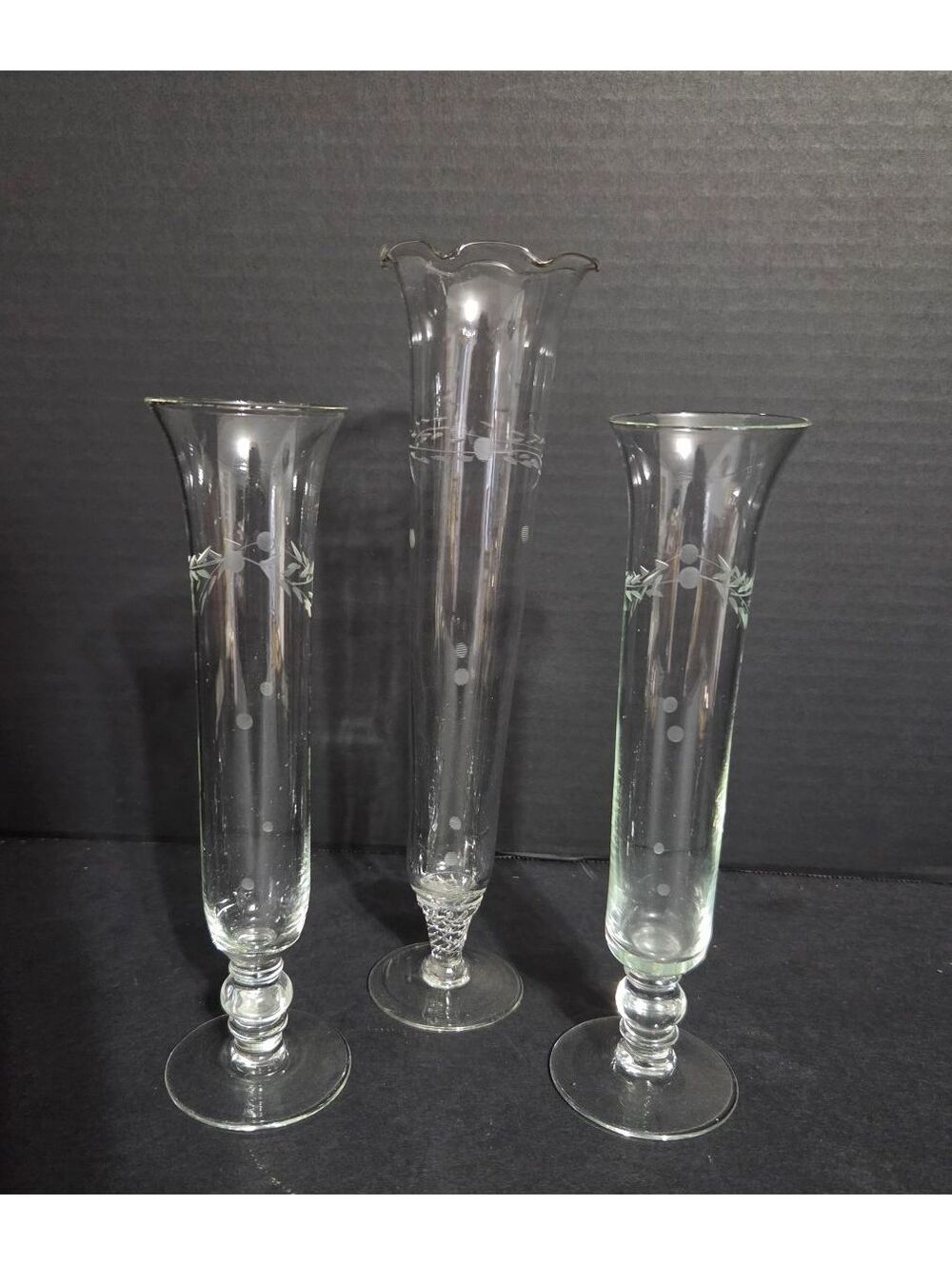 3 Willow moon Vintage Etched Glass Bud Vases with Decorative Bases A108